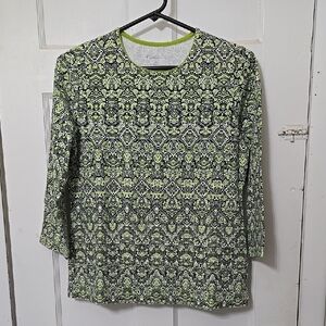 KIM RODGERS PETITE SMALL 3/4 SLEEVE PATTERN PRINT GREEN NAVY WHITE SHIRT CASUAL